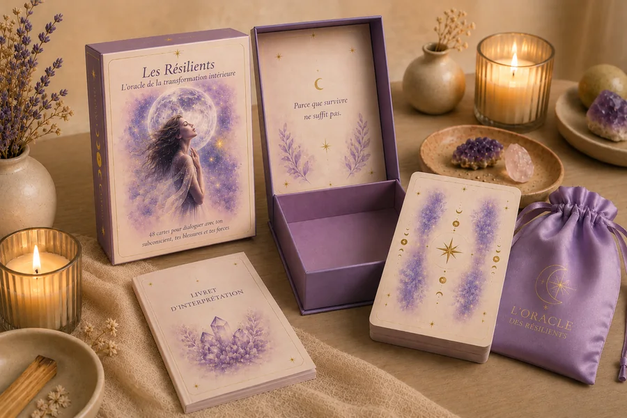 Le coffret de L'Oracle des Résilients : la boîte, les 48 cartes, le livret d'interprétation et la pochette