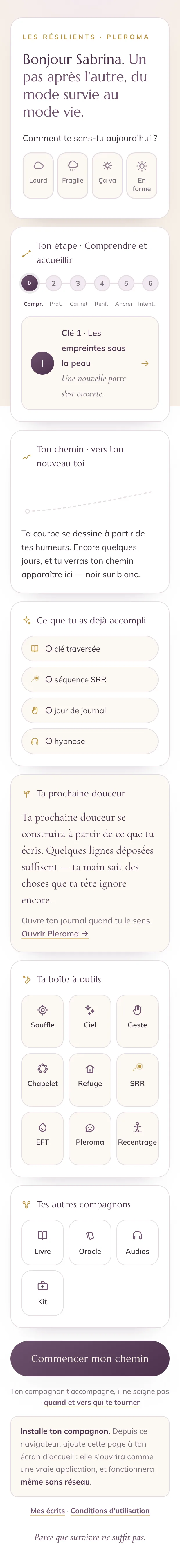 Le tableau de bord du Compagnon, à faire défiler