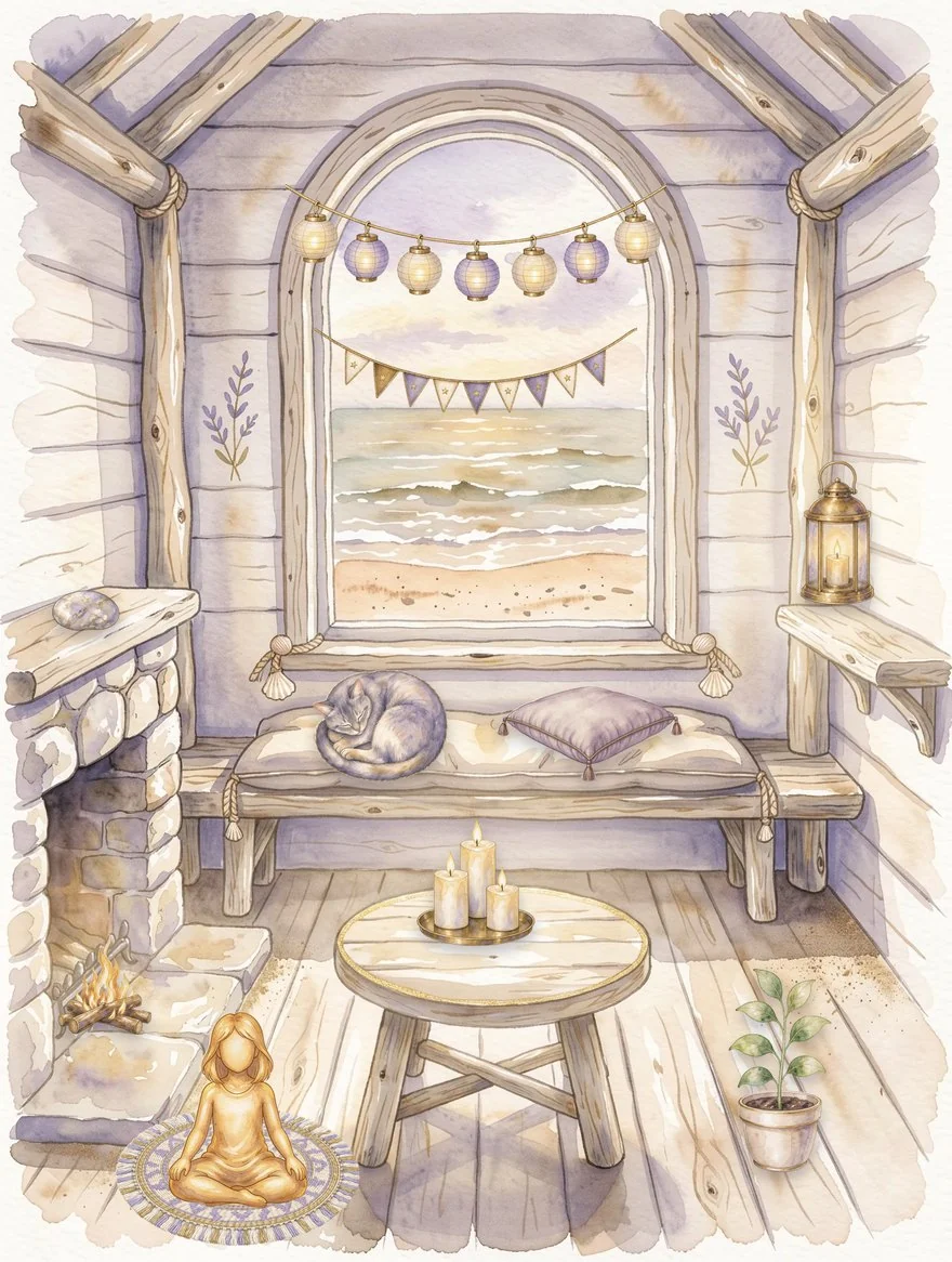Le refuge de la plage, meublé : la guirlande et les fanions à la fenêtre, la lanterne, le chat endormi, les bougies, le feu, une jeune plante, et l'enfant intérieur assis sur son tapis