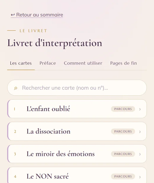 Le livret dans l'application : la barre de recherche et la liste des cartes