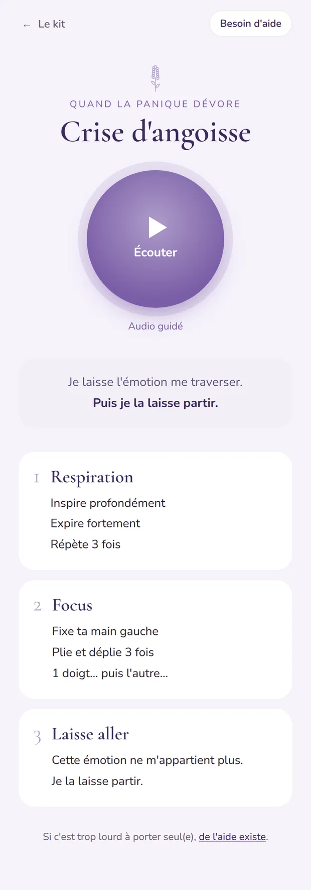 La fiche « Crise d'angoisse » du Kit, à faire défiler