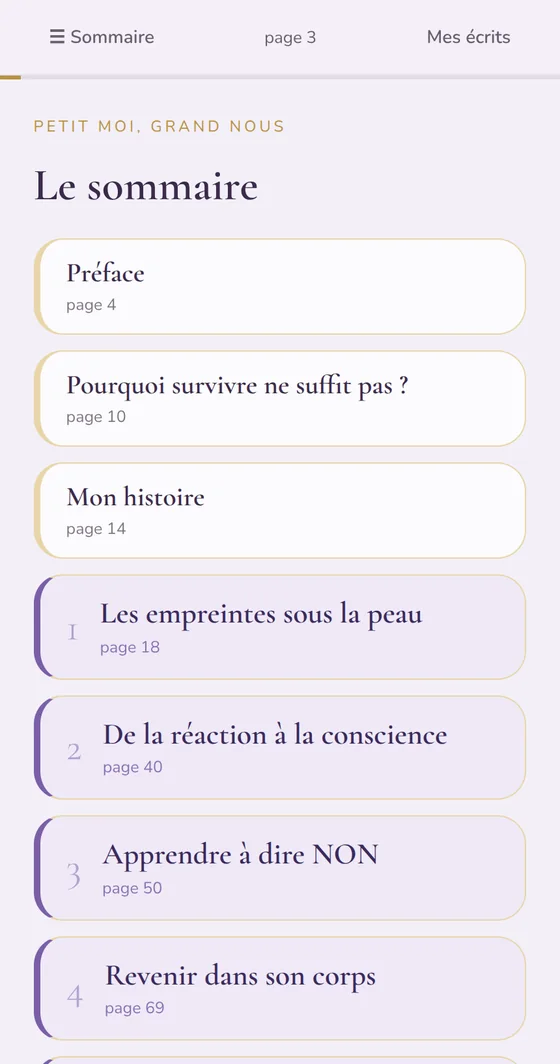 Le sommaire du livre : chapitres, exercices, journal, hypnoses