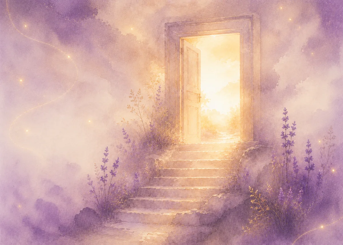 Une porte de lumière au sommet de quelques marches, entre la lavande et la brume : le Seuil