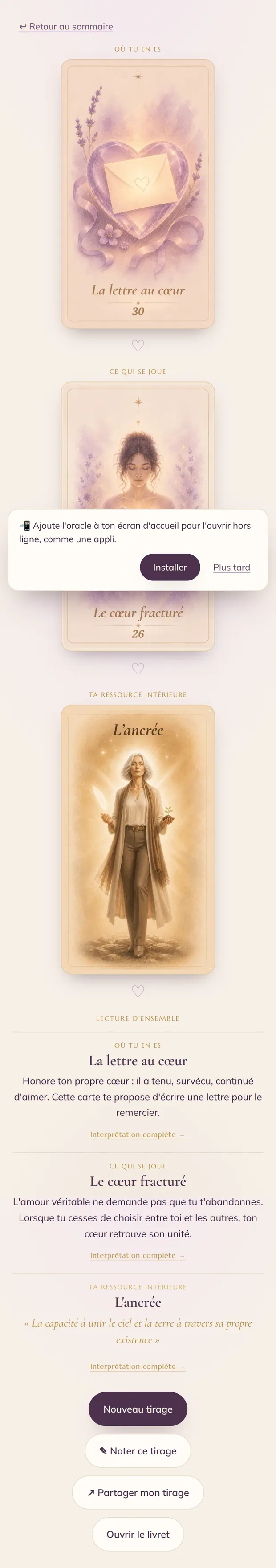 Un tirage trois cartes dans l'application L'Oracle des Résilients